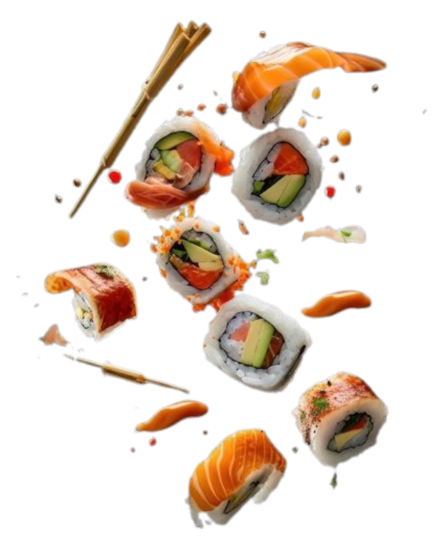 Pezzi di sushi sospesi in aria su fondo scuro