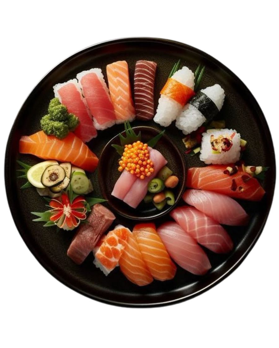Piatto rotondo con sashimi e nigiri assortiti